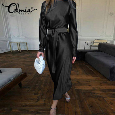 Long Sleeve Satin Midi Dress With Belt - Plus Size - MomyMall BLACK / S