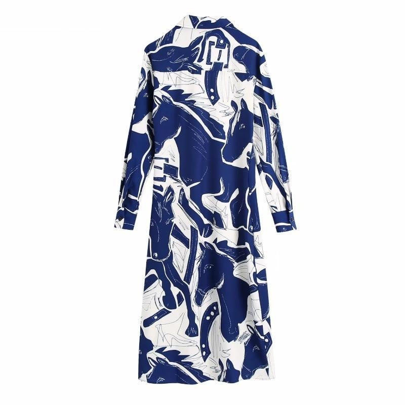 Printed Button Trough Long Sleeve Midi Dress