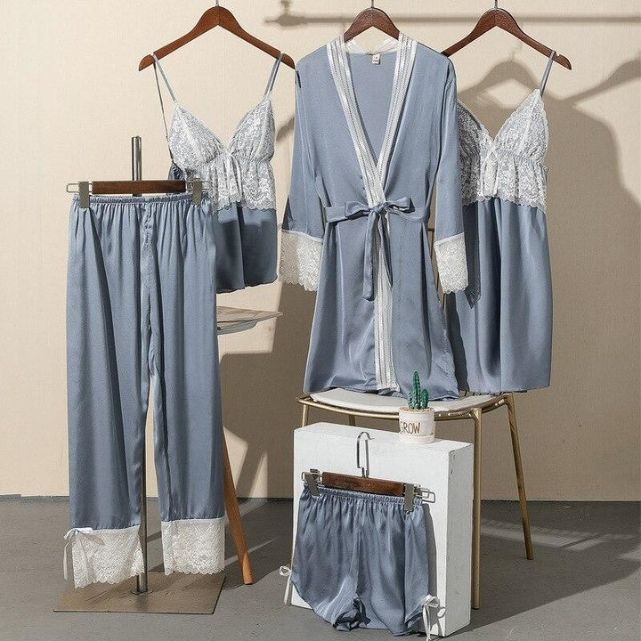 5 Piece Lace Trim Pyjama Set With Self Tie Robe - MomyMall GREY / S