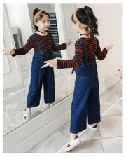 Girls Denim Bib Pants +Plaid Tops 2 Pcs Suits 3-16 Years