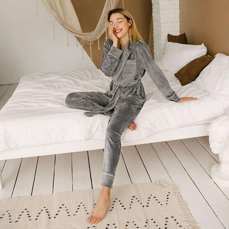 Velvet 2 Piece PJ Sleepwear Set With Self Tie Belt - MomyMall GREY / S