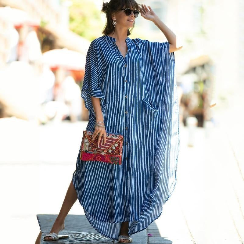 Striped Button Up Split Kaftan Maxi Dress - MomyMall