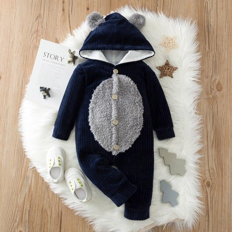 Autumn Baby Warm Fleece Bear Hooded Jumpsuit Romper