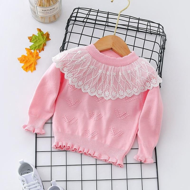 Autumn Winter Toddler Baby Girl Lace Collar Ruffled Solid Knitted Sweater - MomyMall