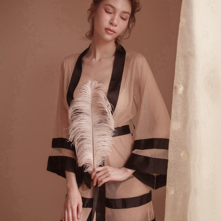 Sheer Mini Robe with Satin Edging Kimono Sleepwear - MomyMall BEIGE / S