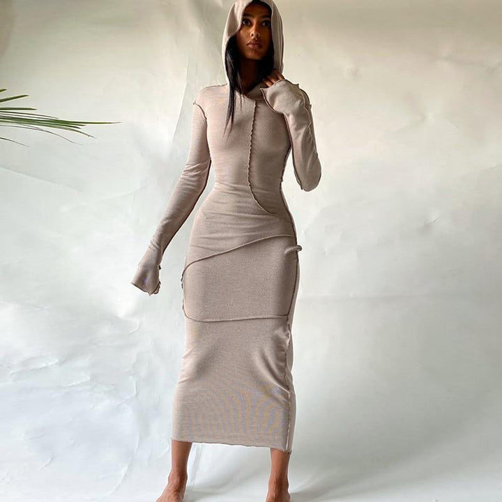 Long Sleeve Plus Size Hooded Bodycon Maxi Dress - MomyMall BROWN / XS