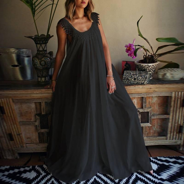 Oversized Lace Trim Sheer Maxi Dress - Plus Size Dress - MomyMall BLACK / M