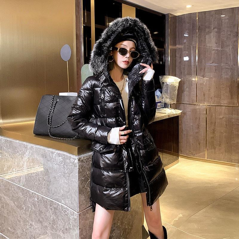 High Shine Drawstring Collar Parka Coat With Faux Fur Hood