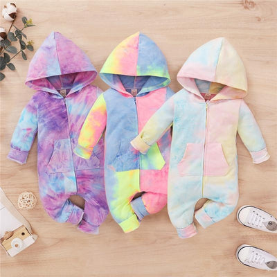 Infant Baby Kid Tie Dyeing Long Sleeve Hooded Zipper Romper - MomyMall