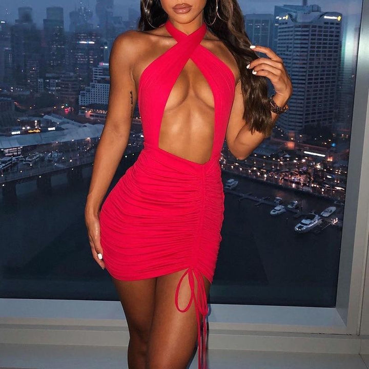Halter Neck Ruched Hollow Out Bodycon Mini Dress
