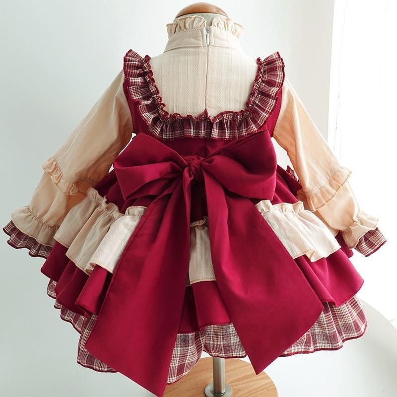 Baby Girls Long Sleeve Princess Red Vintage Party Wedding Lolita Dress - MomyMall