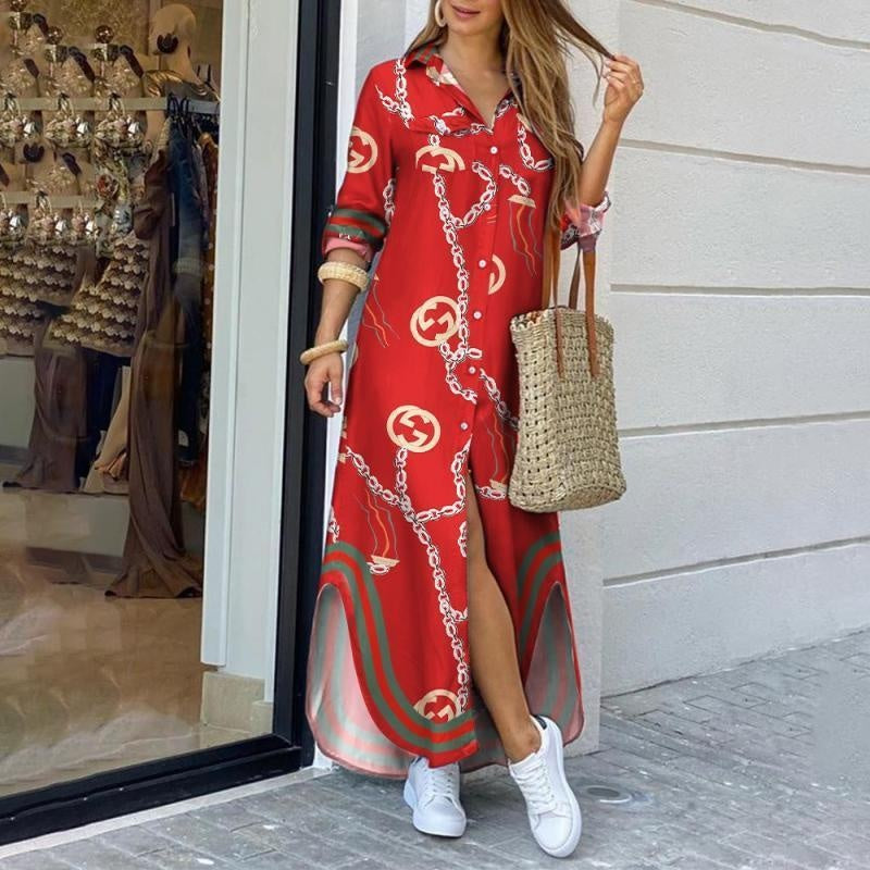 Printed Long Sleeve Split Hem Plus Size Maxi Shirt Dress