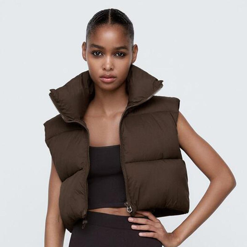 Cropped Zipper Puffer Vest With Collar