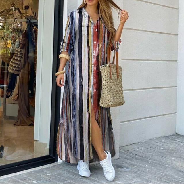 Striped Plus Size Long Sleeve Maxi Shirt Dress With Split - MomyMall BLUE/WHITE / S