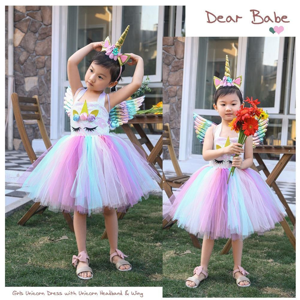 Girls Unicorn Birthday Tutu Sequin Pastel Dress With Headband Wing - MomyMall