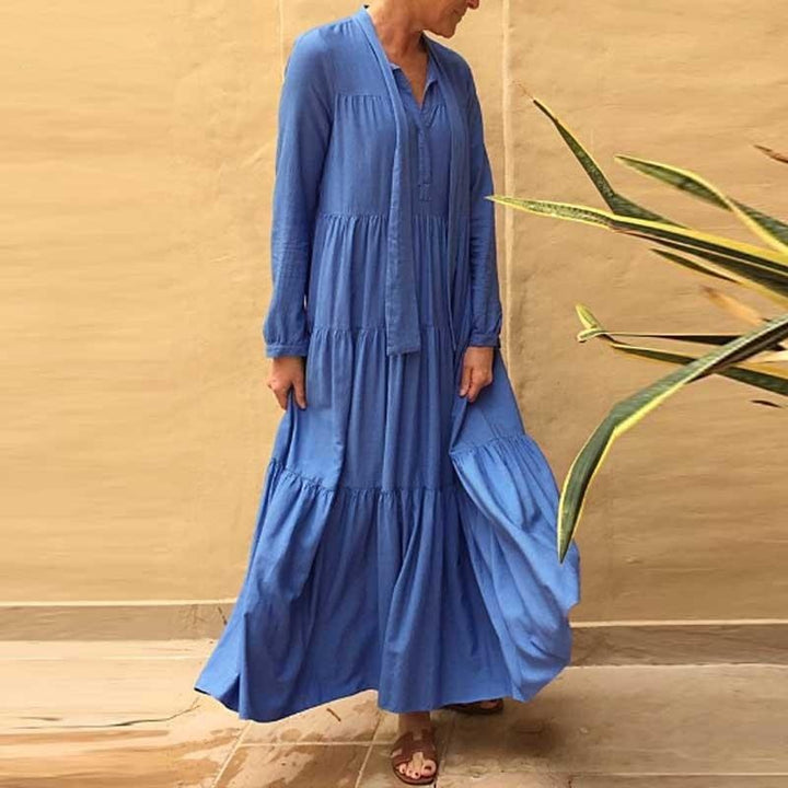 Plus Size Long Sleeve Maxi Dress - Tie Front Tiered Dress - MomyMall BLUE / S