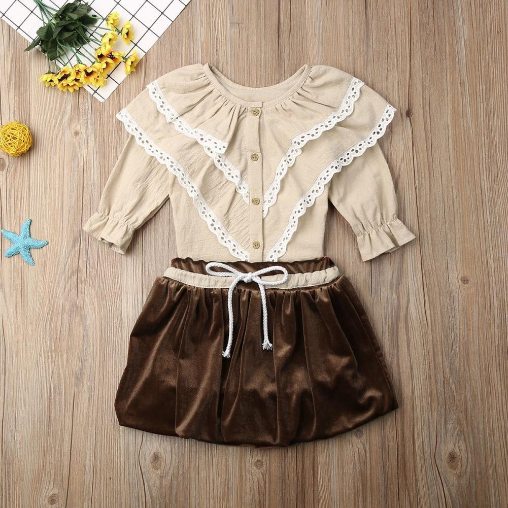 Girl Party Autumn Long Sleeve Ruffle Tops +Tutu Skirt 2 Pcs Outfits 1-6 Years - MomyMall