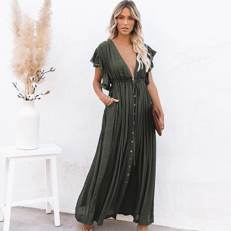 V-Neck Button Through Smock Dress - Casual Maxi Dress