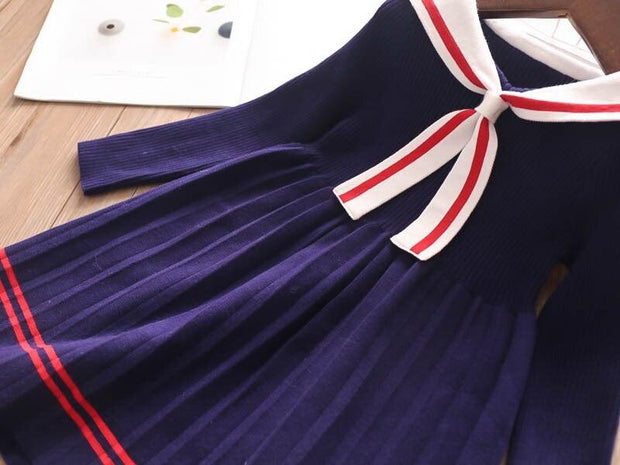 Girls Dress Cartoon Rabbit Sailor Collar New Knitted Preppy Dress 2-10 Years - MomyMall