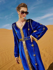 Luxury Morocco Caftan V Neck Long Royal Blue - MomyMall