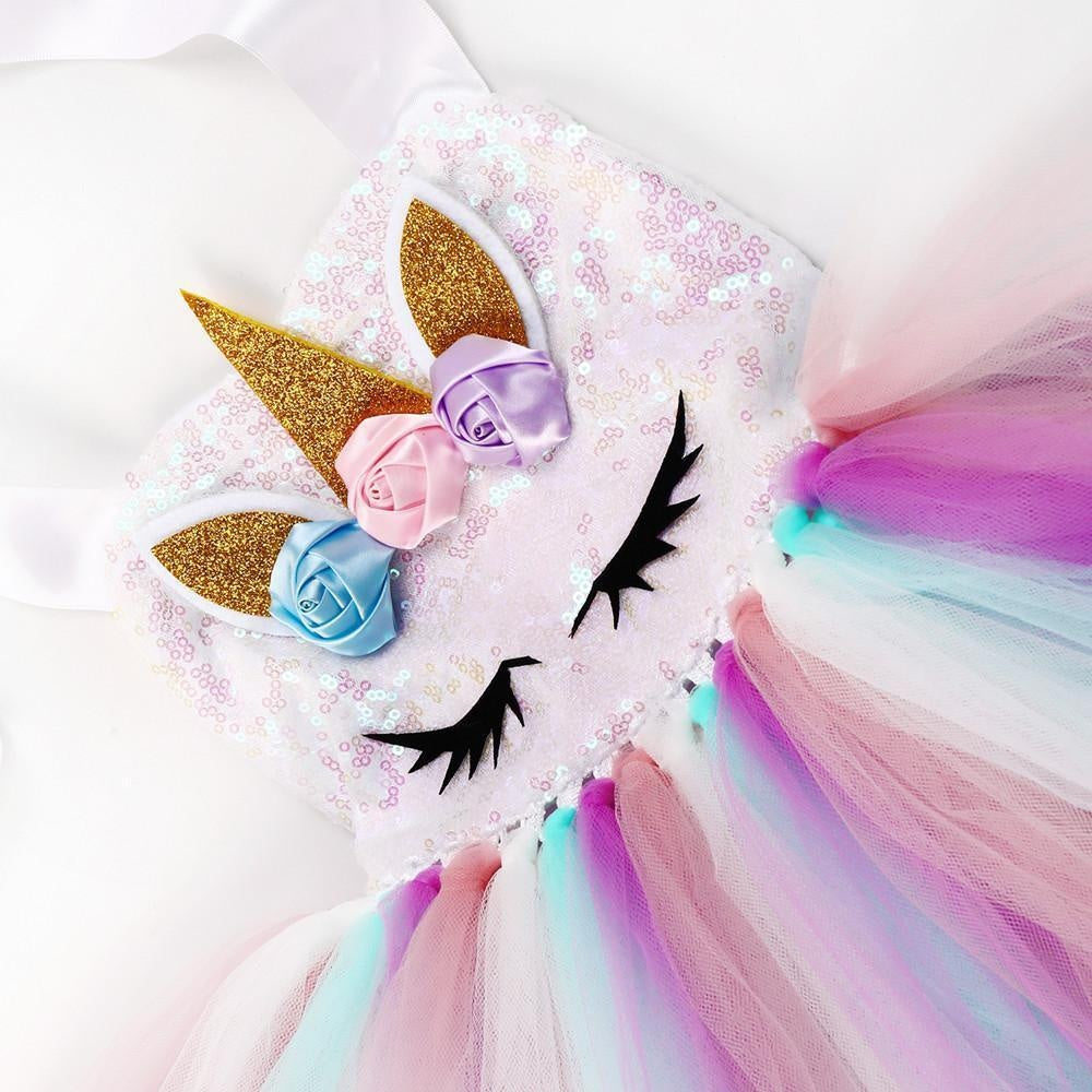 Girls Unicorn Birthday Tutu Sequin Pastel Dress With Headband Wing - MomyMall