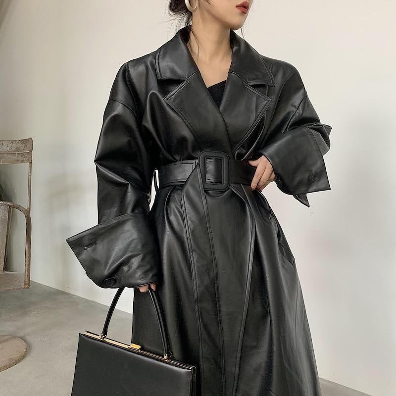 Oversized Belted Faux Leather Trench Coat - Plus Size Trench Coat