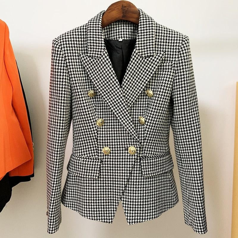 Houndstooth Gold Button Blazer - MomyMall