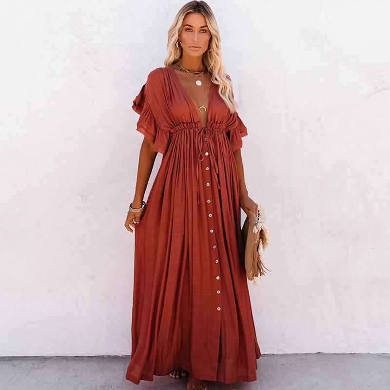 V-Neck Button Through Smock Dress - Casual Maxi Dress