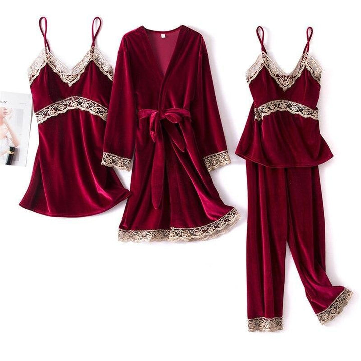 4 Piece Velvet Pyjama Set With Lace Trim - MomyMall RED / S