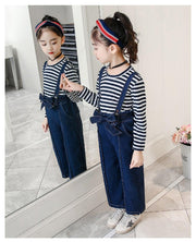 Girls Denim Bib Pants +Plaid Tops 2 Pcs Suits 3-16 Years