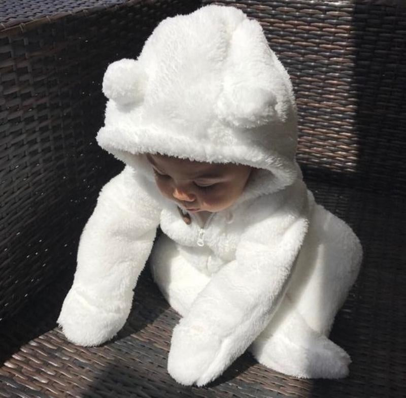 Newborn Baby Winter Solid Color Soft Warm Fuzzy Hooded Romper Jumpsuit - MomyMall