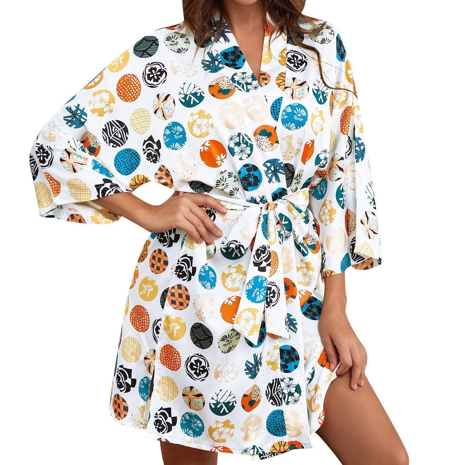 Satin Plus Size Printed Robe Mini Dress - MomyMall WHITE / S