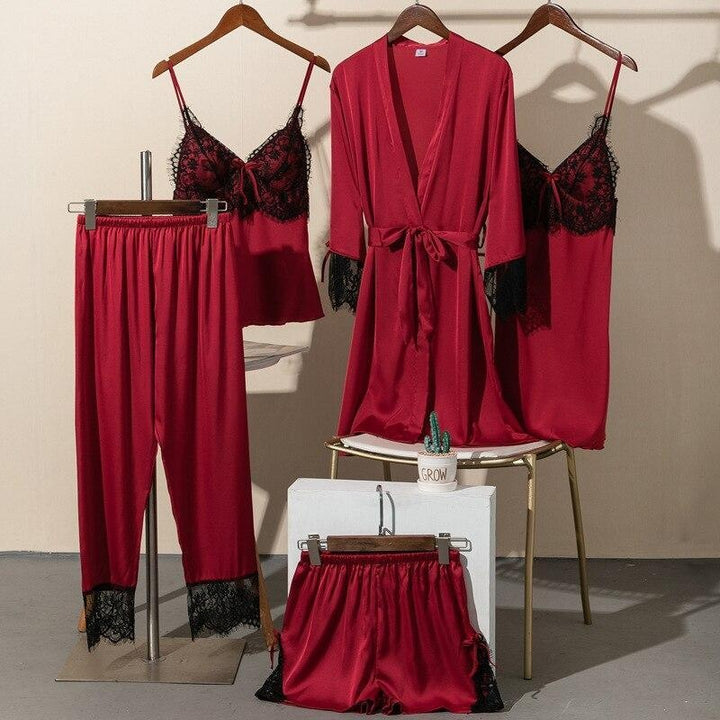 5 Piece Lace Trim Pyjama Set With Self Tie Robe - MomyMall RED / S