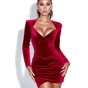 Long Sleeve Sweetheart Bodycon Velvet Mini Dress - MomyMall RED / S