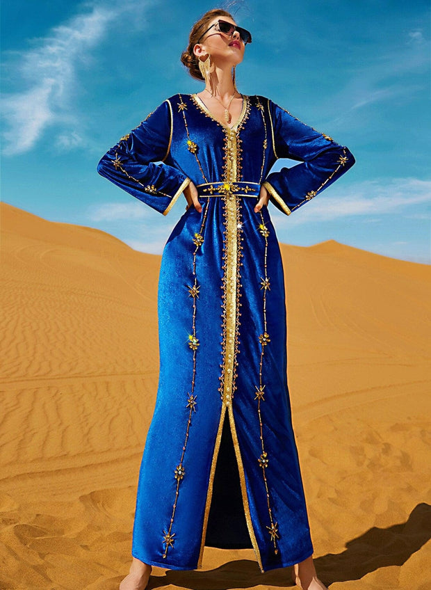 Luxury Morocco Caftan V Neck Long Royal Blue - MomyMall