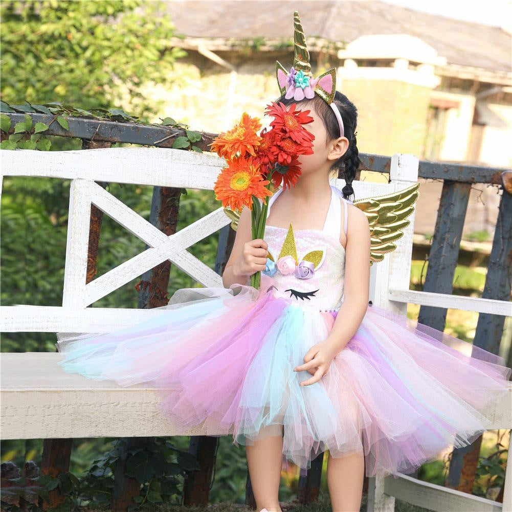 Girls Unicorn Birthday Tutu Sequin Pastel Dress With Headband Wing - MomyMall