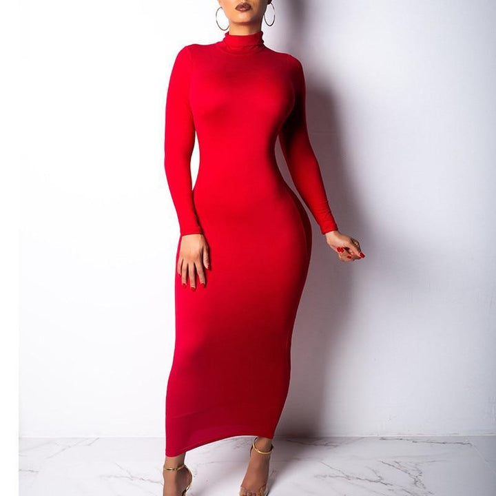 Turtleneck Seamless Bodycon Midi Dress - Long Sleeve Dress - MomyMall RED / S