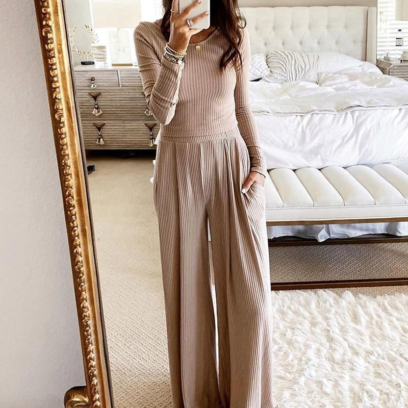 Ribbed Knit Two Piece Loungewear Set - MomyMall