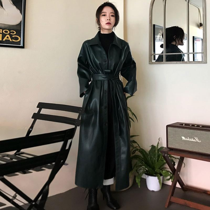 Belted Button Through Faux Leather Trench Coat