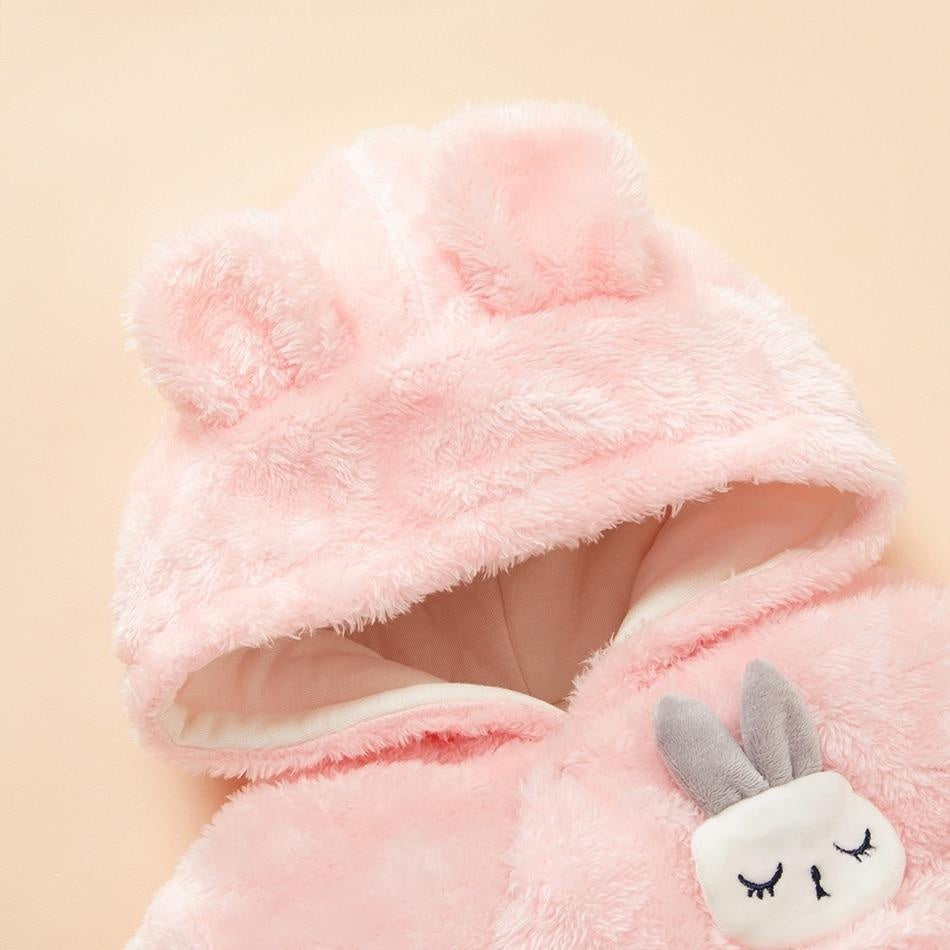 Winter Baby Solid Fleece Rabbit Hooded Jumpsuit Romper - MomyMall