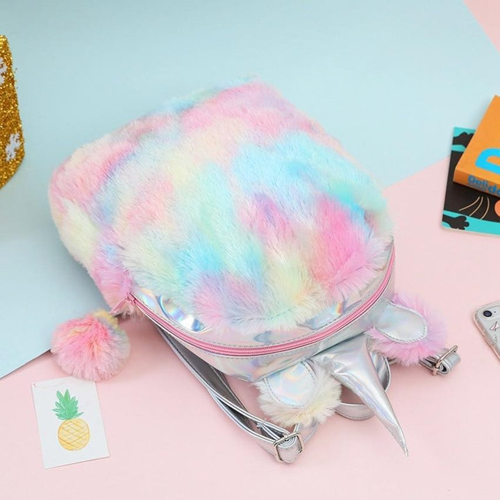 Fashion Colorful Girls Cute PU Laserl Bag Unicorn Plush Backpack - MomyMall