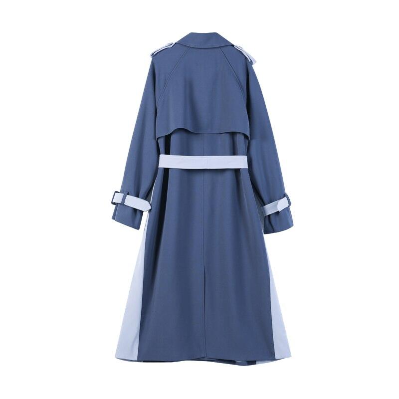 Belted Contrast Double-Breasted Long Trench Coat