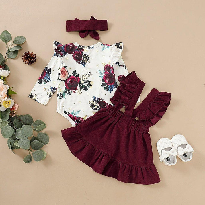 Sweet Baby Girl Long-Sleeve Floral Jumpsuit Dress Headband 3Pcs - MomyMall