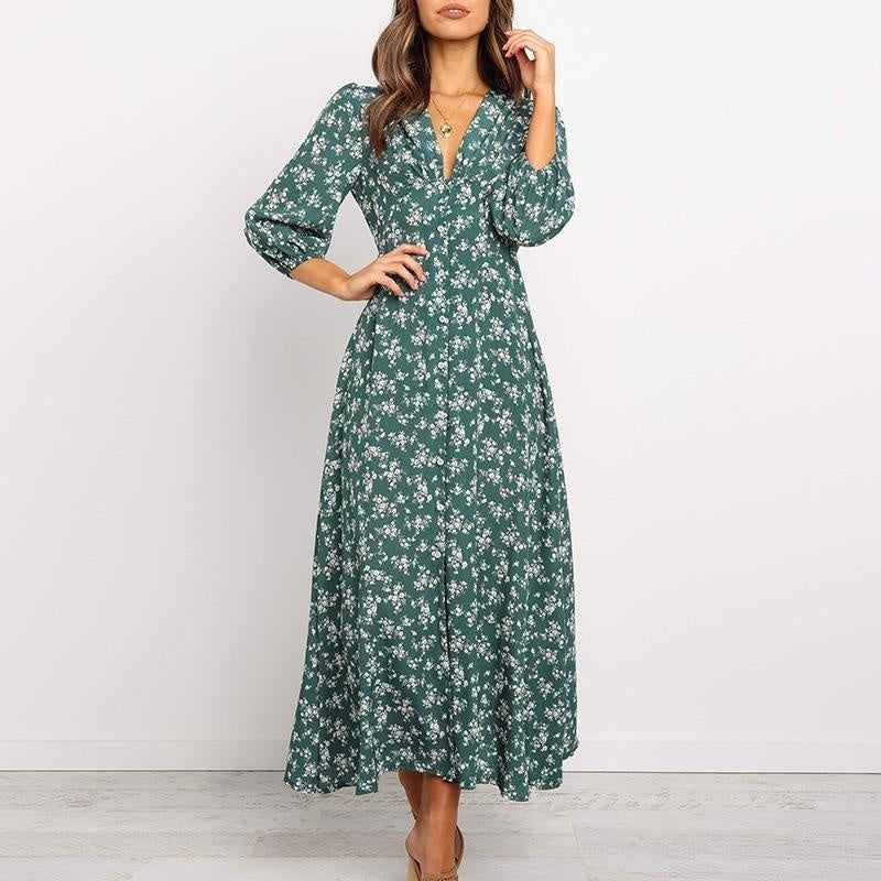 Floral Lantern Sleeve V-Neck Chiffon Midi Dress - MomyMall GREEN / S