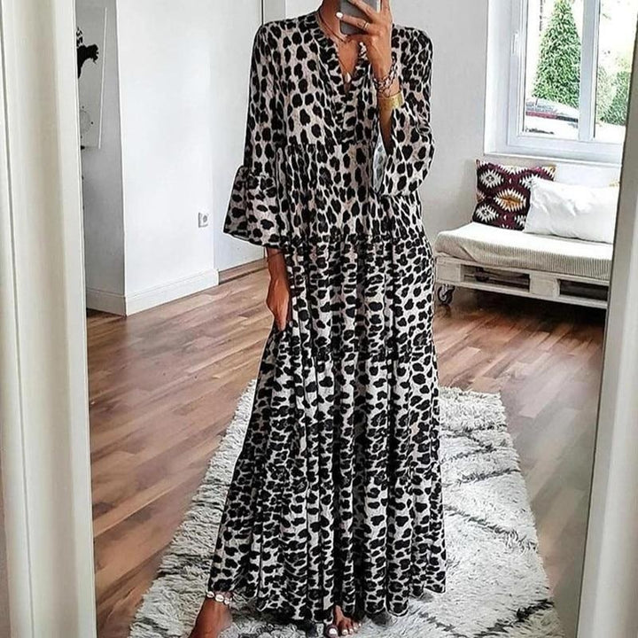 V-Neck Leopard Flare Sleeve Vintage Maxi Dress - Long Sleeve Smock Dress - MomyMall BLACK / S