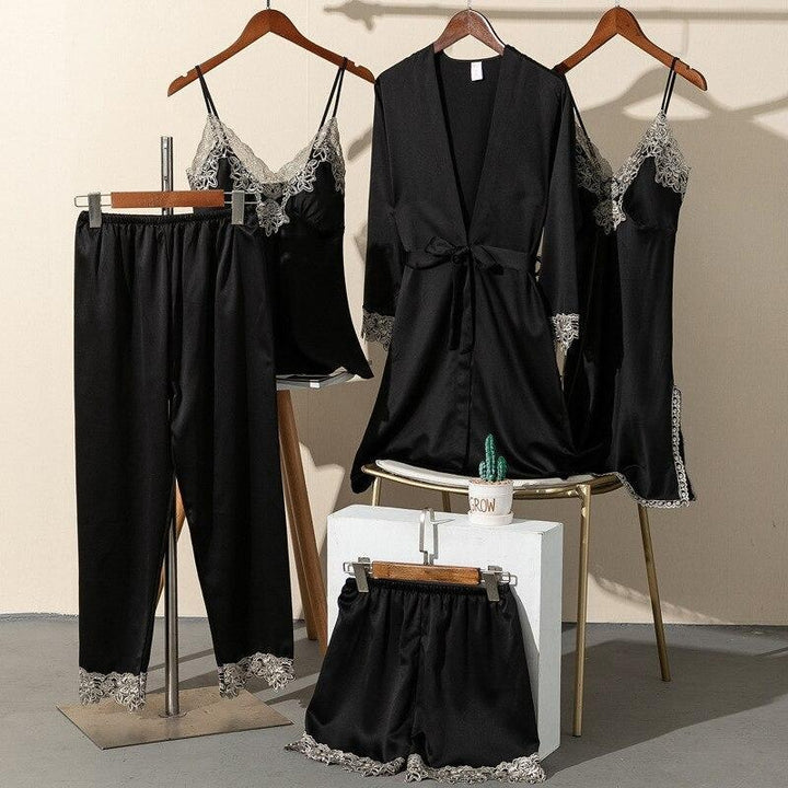 5 Piece Lace Trim Pyjama Set With Self Tie Robe - MomyMall BLACK / S