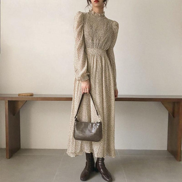 Elastic Waist Vintage Midi Dress - Puff Sleeve Printed Dress