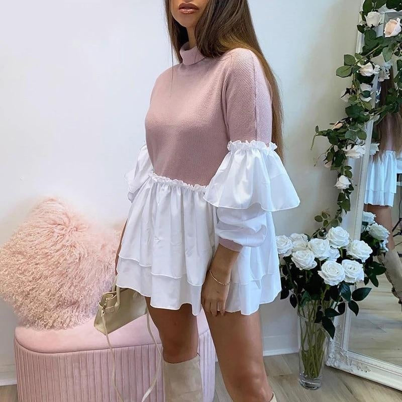 Turtleneck Contrast Puff Sleeve Rib Knit Mini Dress - MomyMall PINK / S