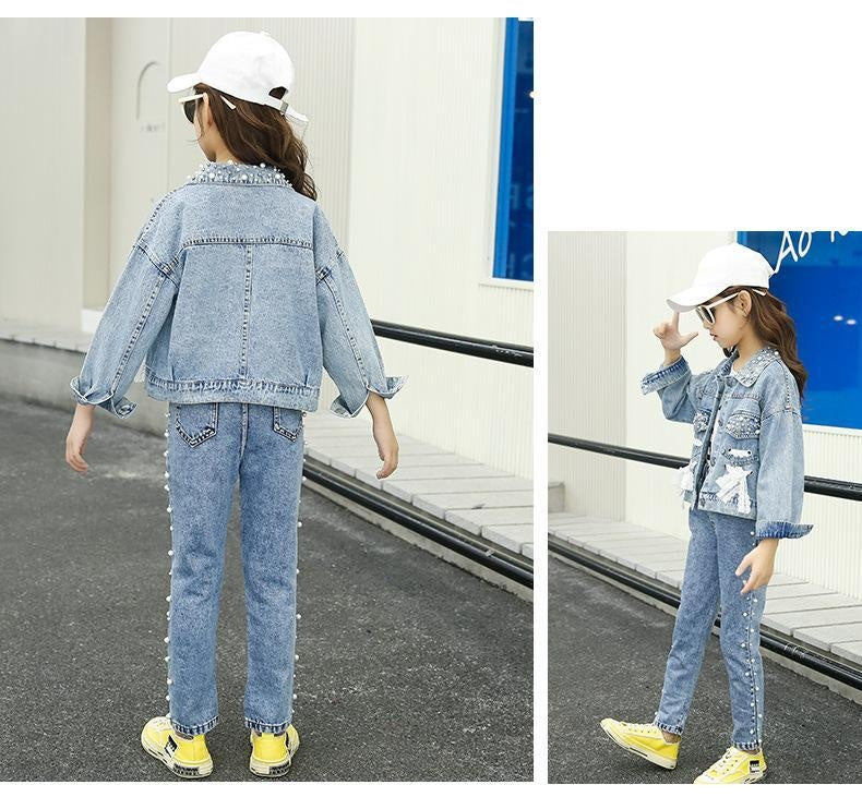 Girl Clothes Casual Korean Style Autumn Jeans Denim Suit Outfits 2 Pcs 4-14 Years - MomyMall