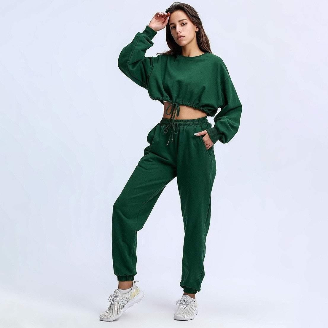 Long Sleeve Drawstring Hem Crop Top & High Waist Tracksuit - Basic Oversized Co-Ord